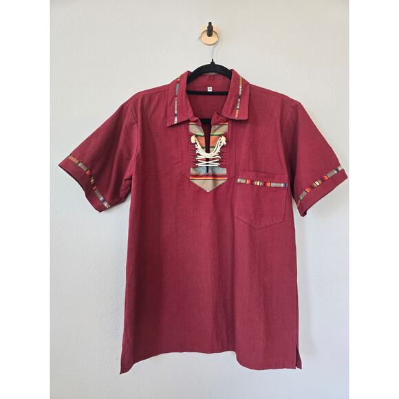 Boho Burgundy Baja Shirt w/ Woven Accents | Handmade Mexican Pullover Top Size S - Picture 1 of 5
